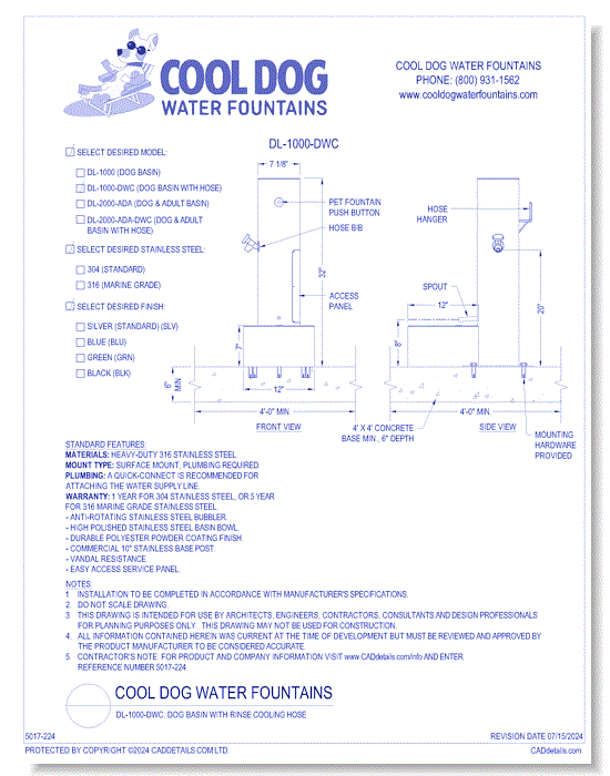 DL-1000-DWC: Dog Basin with Rinse Cooling Hose