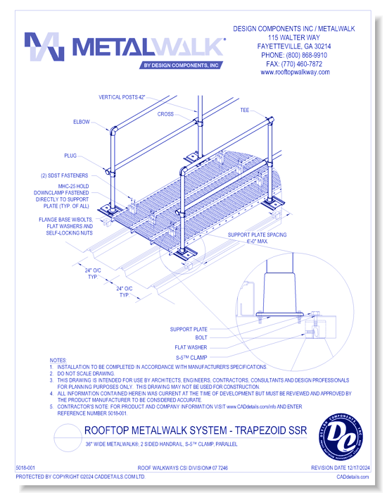 36" Wide Metalwalk®, 2 Sided Handrail, S-5™ Clamp, Parallel