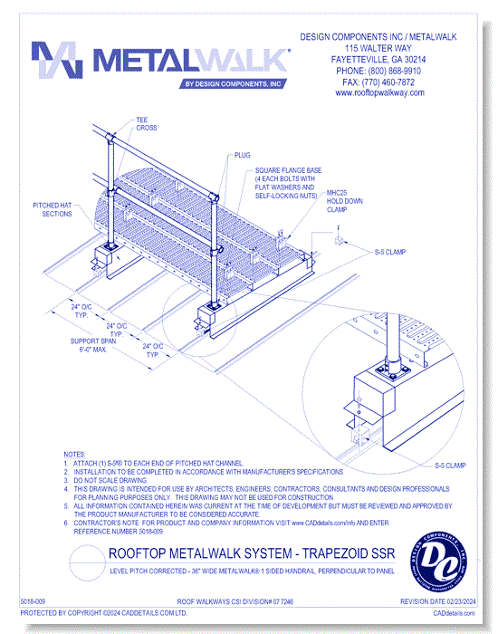 Level Pitch Corrected - 36" Wide Metalwalk® 1 Sided Handrail, Perpendicular To Panel