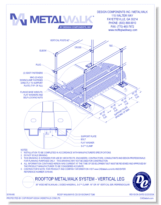 36" Wide Metalwalk®, 2 Sided Handrail, S-5™ Clamp, 16" - 18" Vertical SSR, Perpendicular
