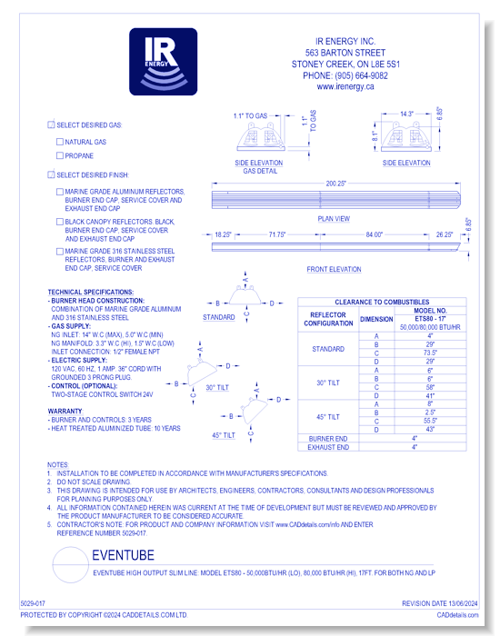 evenTUBE High Output Slim Line: Model ETS80 - 50,000btu/hr (Lo), 80,000btu/hr (Hi), 17ft. For Both NG and LP
