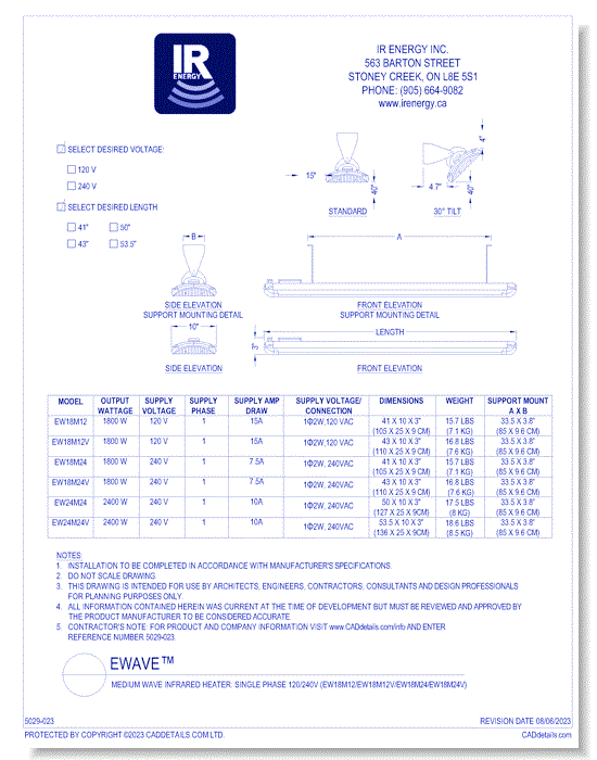 SRP eWAVE®: Medium Wave Infrared Heater - Single Phase 120 / 240V (EW18M12/EW18M12V/EW18M24/EW18M24V/EW24M24/EW24M24V))
