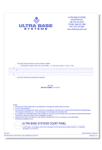 Court Panel: UltraBase Court Or UltraBase Floor Over Existing Hard Surface I.E. Concrete Or Asphalt ( 2019-04CTA )