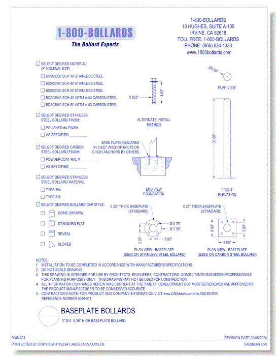 3" Baseplate Bollard Size A -  R0.2