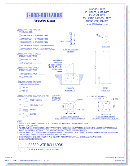 6" Base Plate Bollard Size A - R0.2
