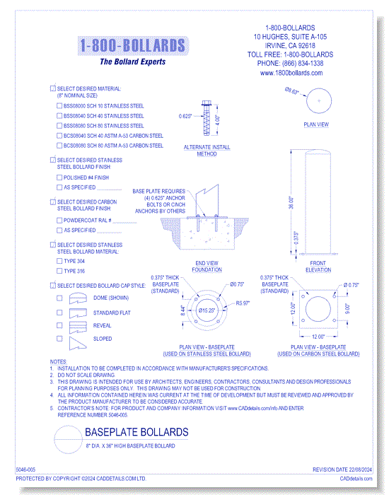 8" Baseplate Bollard Size A -  R0.2