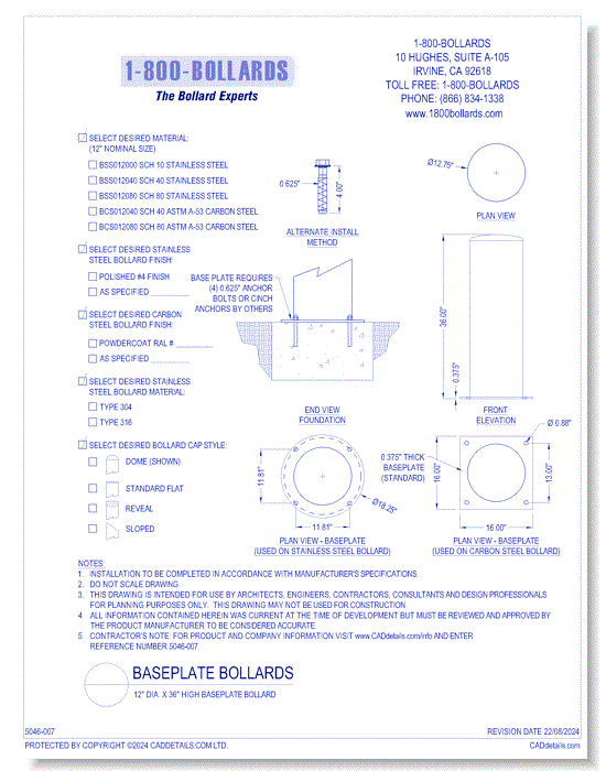 12" Baseplate Bollard Size A -  R0.2