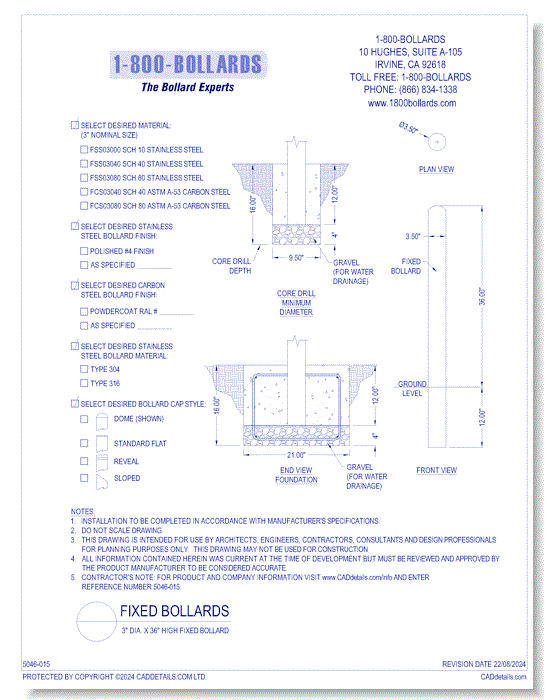 3" Fixed Bollard - Cutsheet Size A - R1