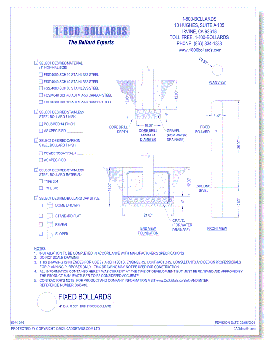 4" Fixed Bollard - Cutsheet Size A - R1