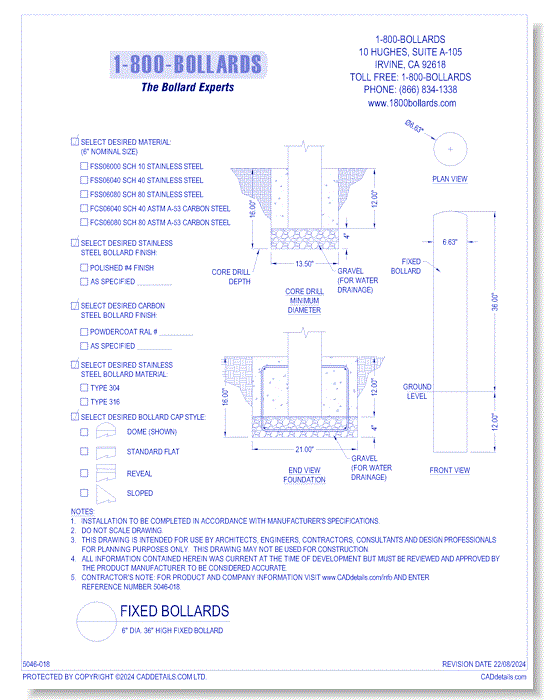 6" Fixed Bollard - Cutsheet Size A - R1