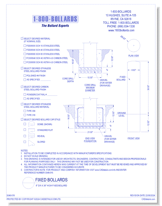 8" Fixed Bollard - Cutsheet Size A - R1