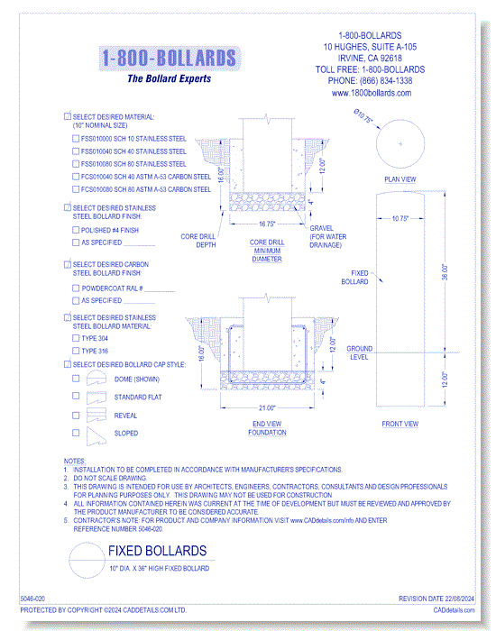 10" Fixed Bollard - Cutsheet Size A - R1