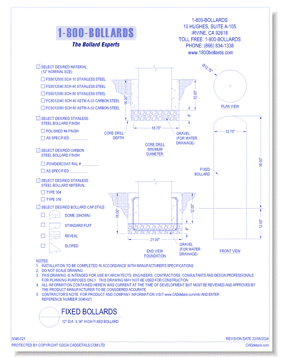 12" Fixed Bollard - Cutsheet Size A - R1