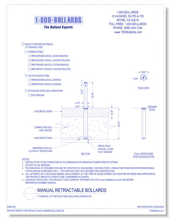 4" Manual Lift Retractable Bollard STP4000-TH