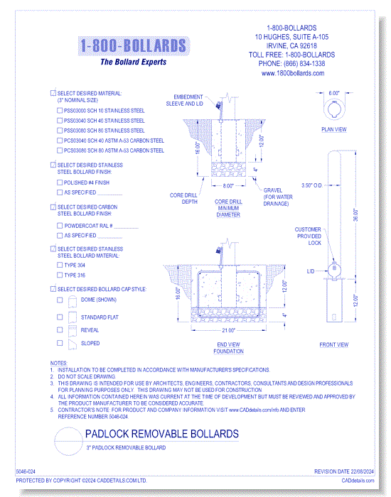 3" Padlock Removable Bollard - PL Cutsheet Size A Form