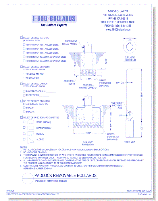 4" Padlock Removable Bollard - PL Cutsheet Size A Form - R0.2-1