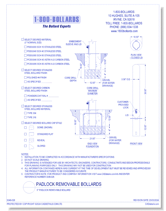 5" Padlock Removable Bollard - PL Cutsheet Size A Form