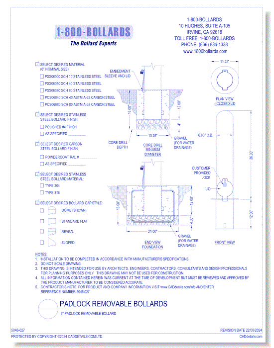 6" Padlock Removable Bollard - PL Cutsheet Size A Form