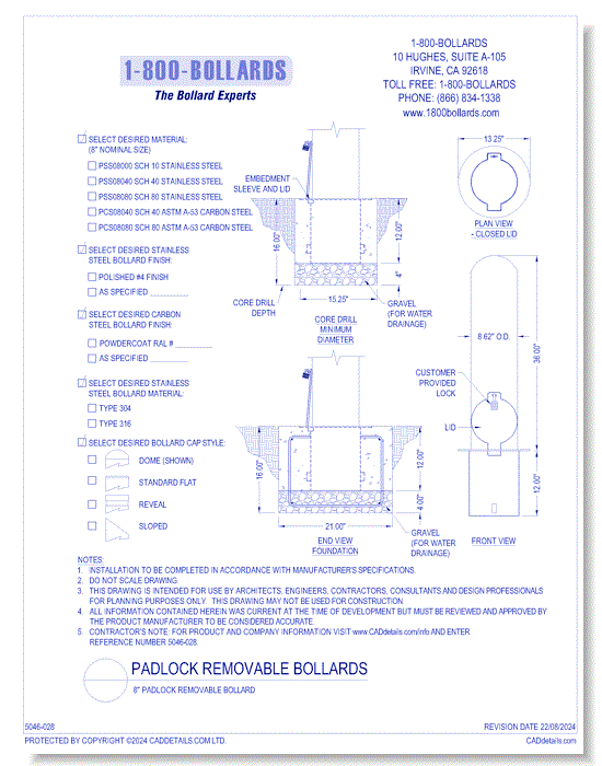 8" Padlock Removable Bollard - PL Cutsheet Size A Form - R0.2-1