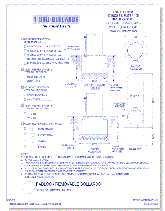 10" Padlock Removable Bollard - PL Cutsheet Size A Form