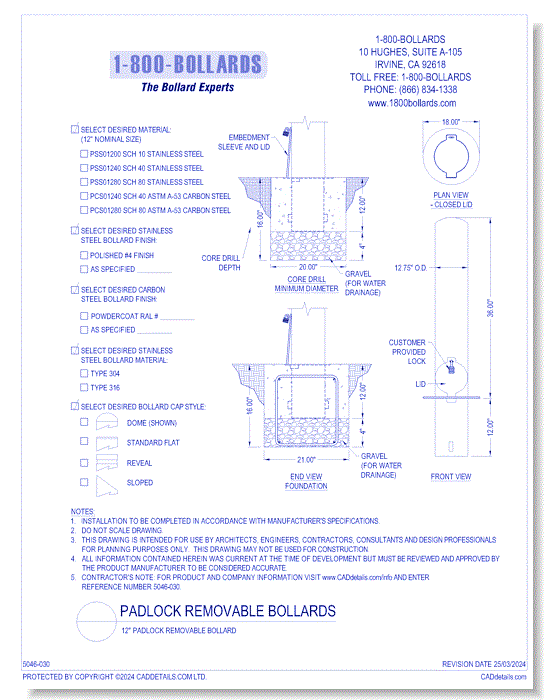 12" Padlock Removable Bollard - PL Cutsheet Size A Form