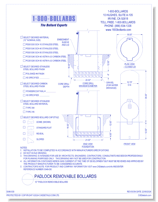 12" Padlock Removable Bollard - PL Cutsheet Size A Form