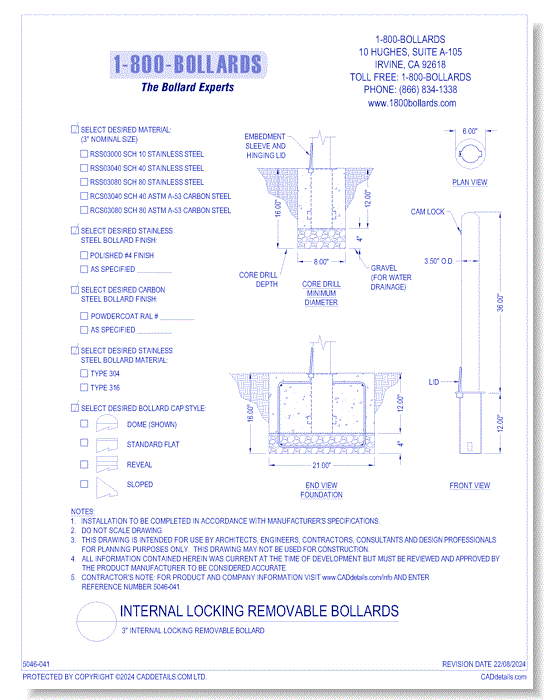 3" Internal Locking Removable Bollard