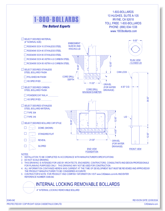 4" Internal Locking Removable Bollard