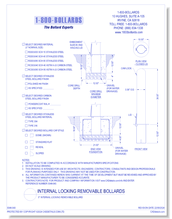 5" Internal Locking Removable Bollard