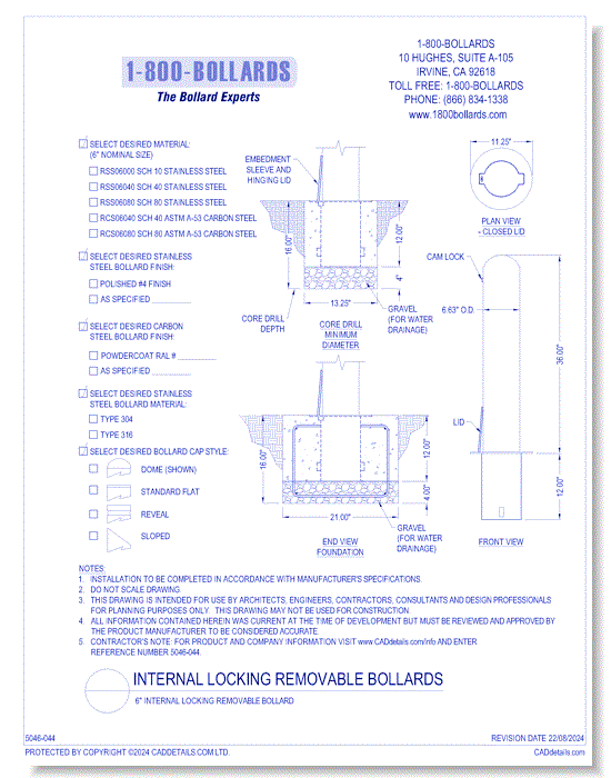 6" Internal Locking Removable Bollard