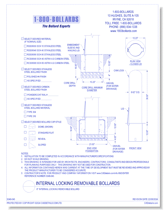 8" Internal Locking Removable Bollard