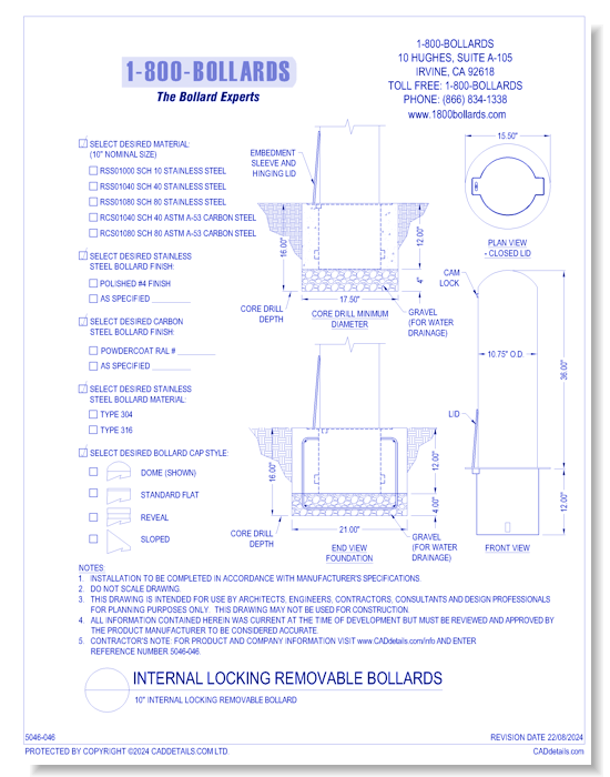 10" Internal Locking Removable Bollard