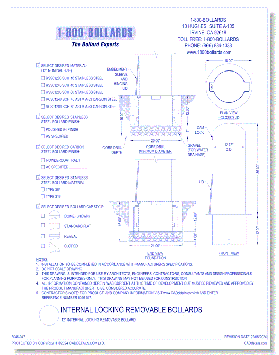 12" Internal Locking Removable Bollard