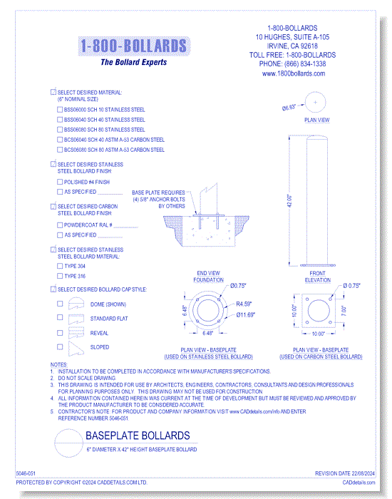 6" Diameter x 42" Height Baseplate Bollard