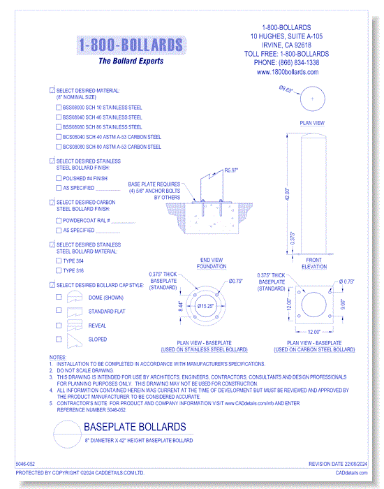 8" Diameter x 42" Height Baseplate Bollard