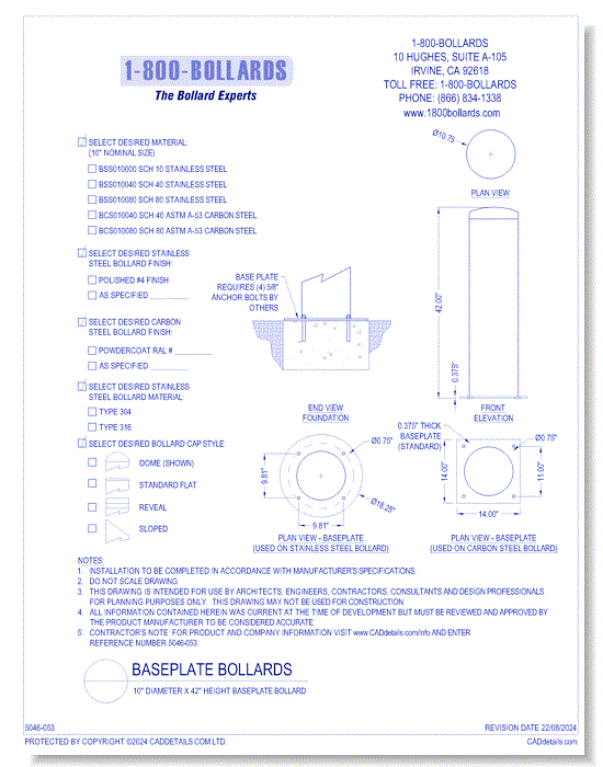 10" Diameter x 42" Height Baseplate Bollard