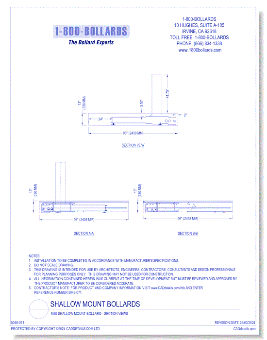 M50 Shallow Mount Bollard - Section Views