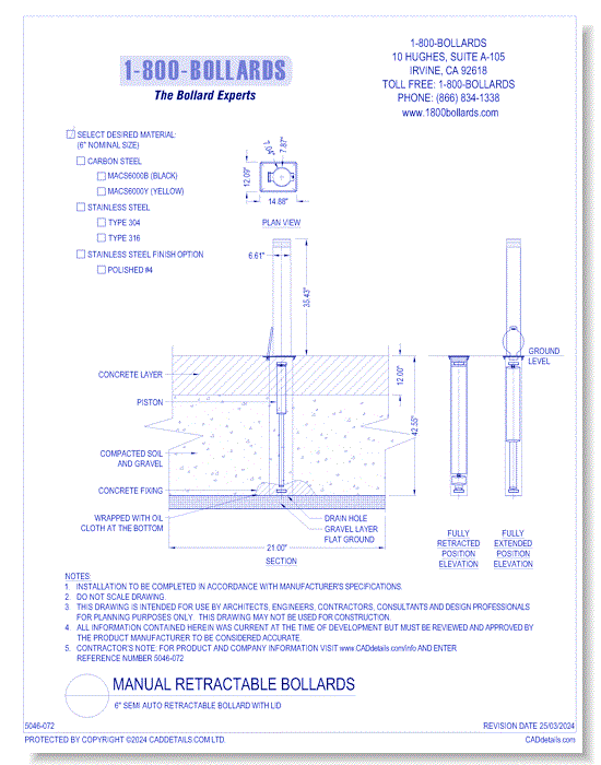 6'' Semi Auto Retractable Bollard with Lid