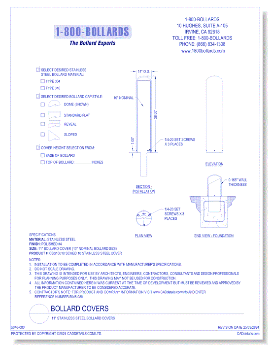 10" Stainless Steel Bollard Covers