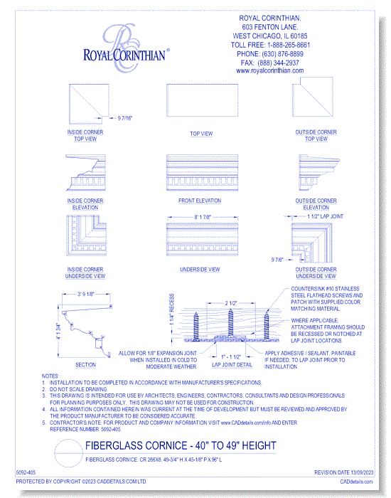 Fiberglass Cornice: CR 266x8, 49-3/4" H x 45-1/8" P x 96" L