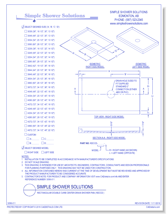 Rectangular Double Curb Center Drain Shower Pan ( RDCCD )