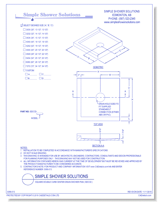 Square Double Curb Center Drain Shower Pan ( SDCCD )