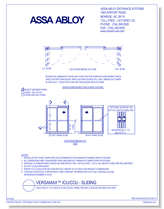 US23-3400-21 ICU Single Slide Equal Panel FBO Rev A, Elevation And Plan View