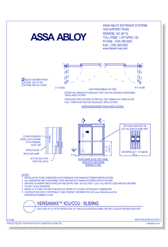 US23-3400-30 ICU with Smoke Seal Kit Single Slide Equal Panel FBO Rev A, Elevation And Plan View