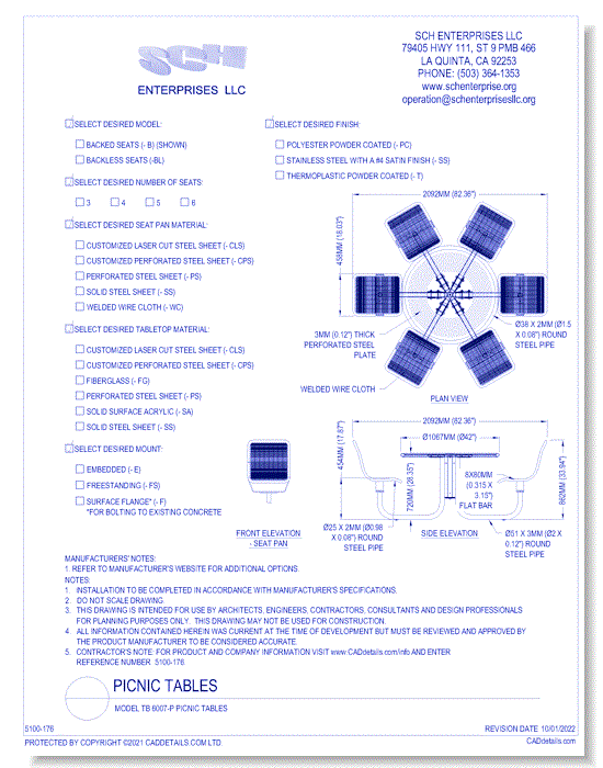 Model TB 6007-P Picnic Tables