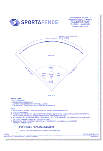 Baseball Field Plan View Layout: Fence 400' From Home Plate