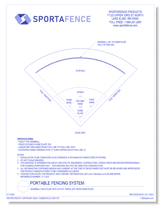 Baseball Field Plan View Layout: Fence 350' From Home Plate