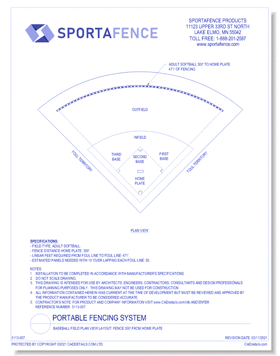 Baseball Field Plan View Layout: Fence 300' From Home Plate
