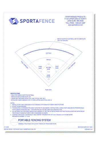 Baseball Field Plan View Layout: Fence 250' From Home Plate
