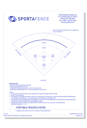 Baseball Field Plan View Layout: Fence 225' From Home Plate